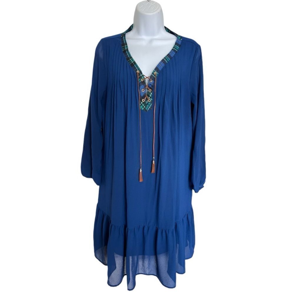 NY COLLECTION Women's Long-Sleeve Peasant Dress with Pleated Collar Size M